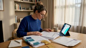 Woman reviews property documents at sunlit table