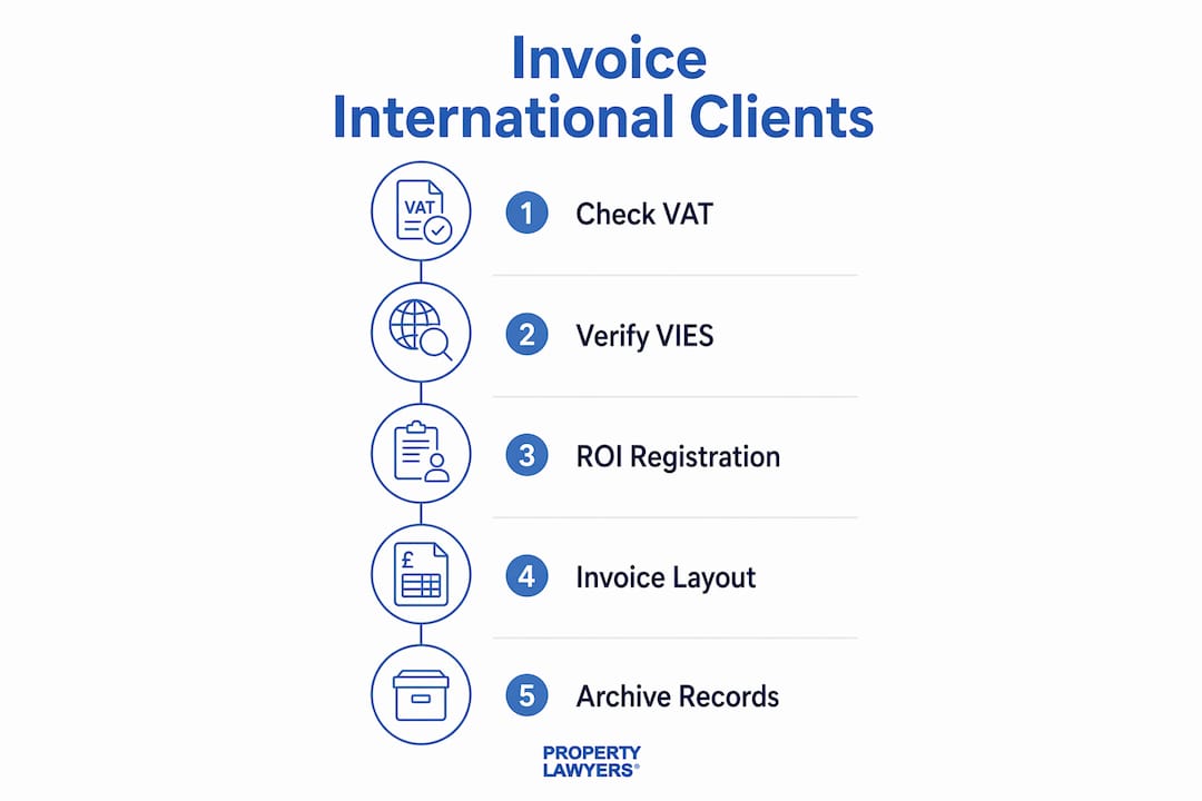 Infographic showing legal steps for invoicing international clients