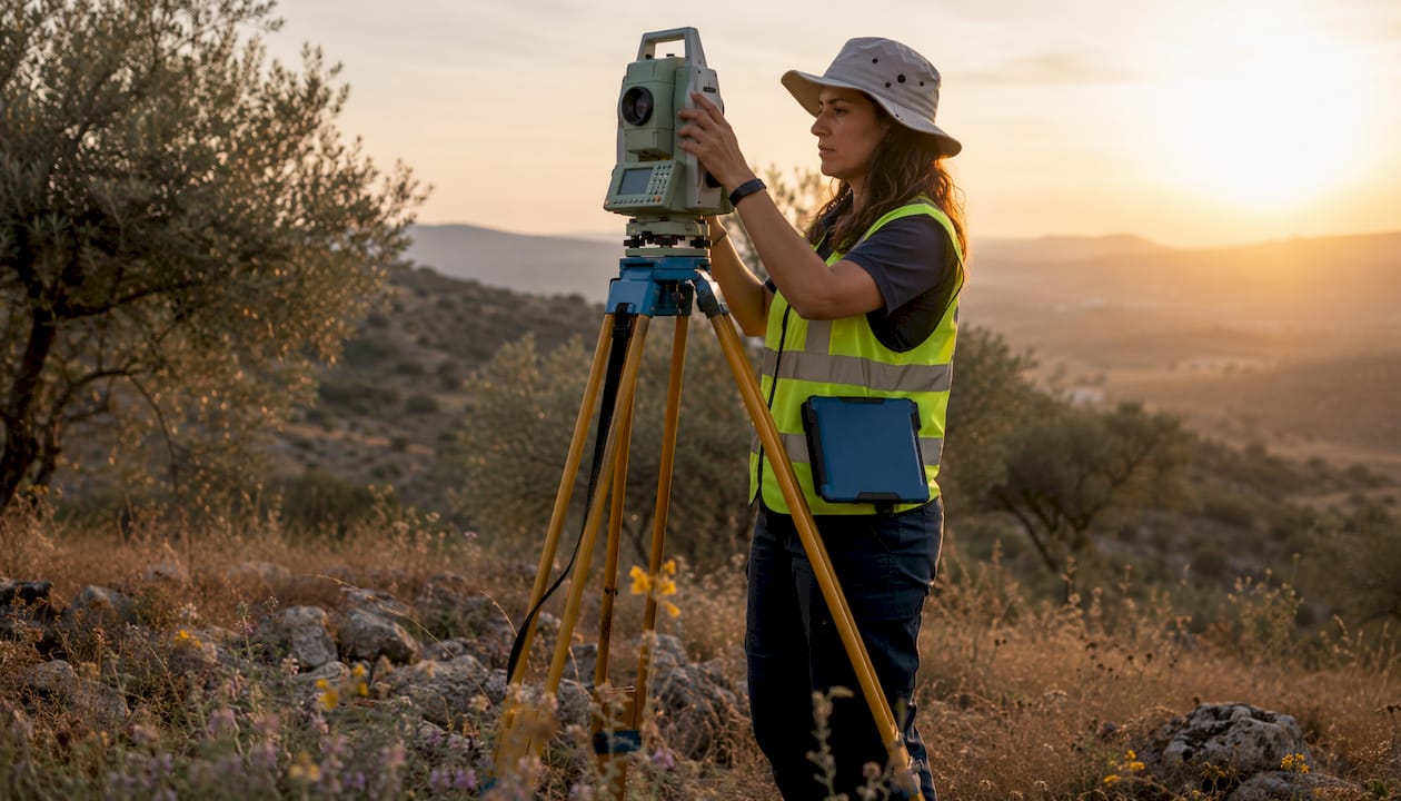 Surveyor operating total station outdoors in Spain