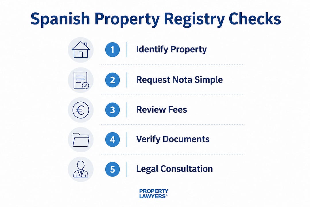Infographic showing steps for Spanish property registry checks