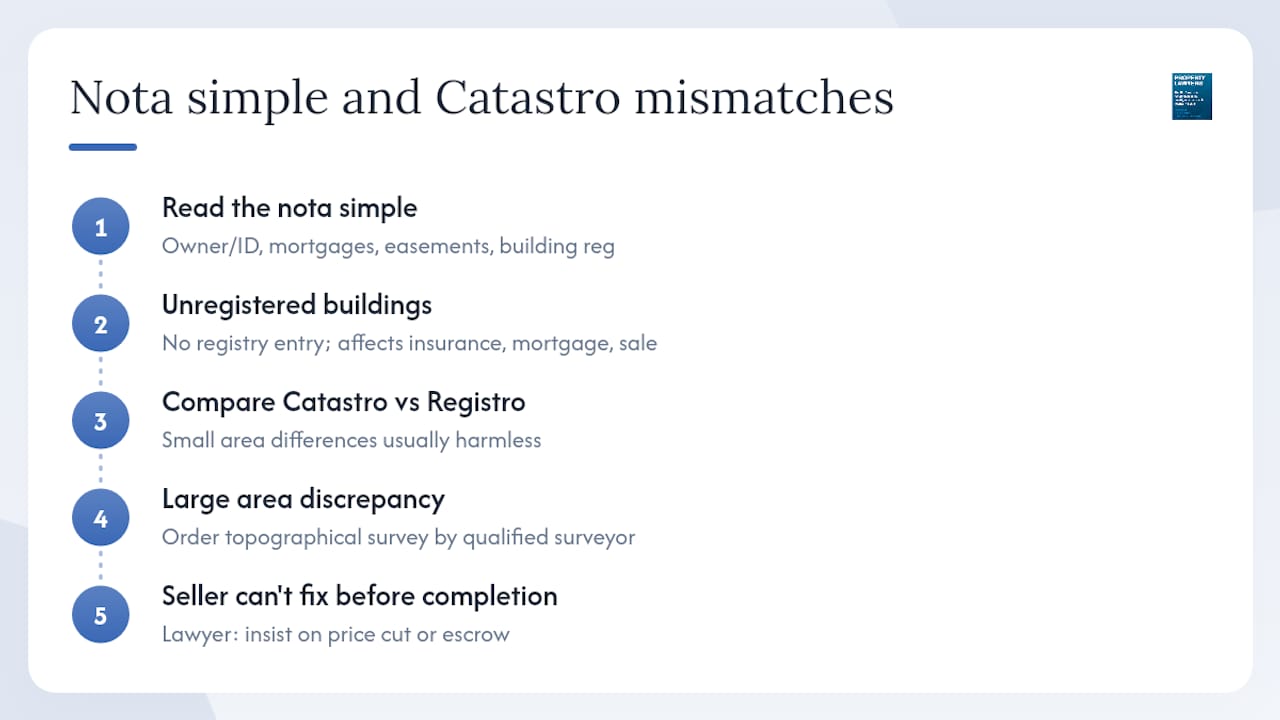 How do you read the nota simple and resolve catastro mismatches? — overview diagram