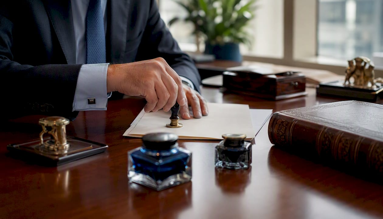 Notary authenticating property deed with embossing seal