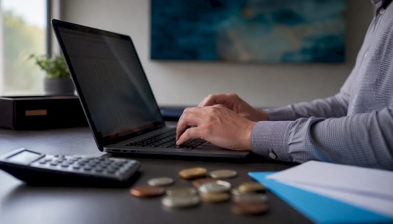 Hands entering foreign asset values on laptop