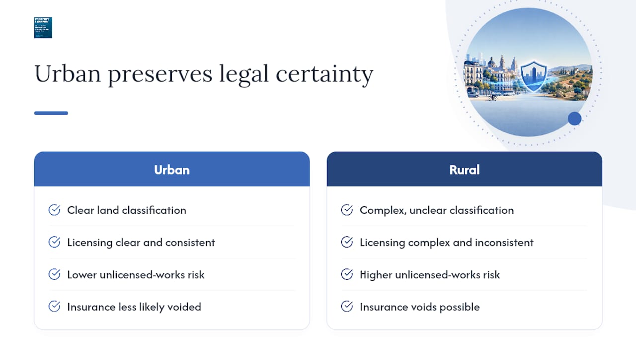 Diagram comparing urban and rural property legal risks in Spain