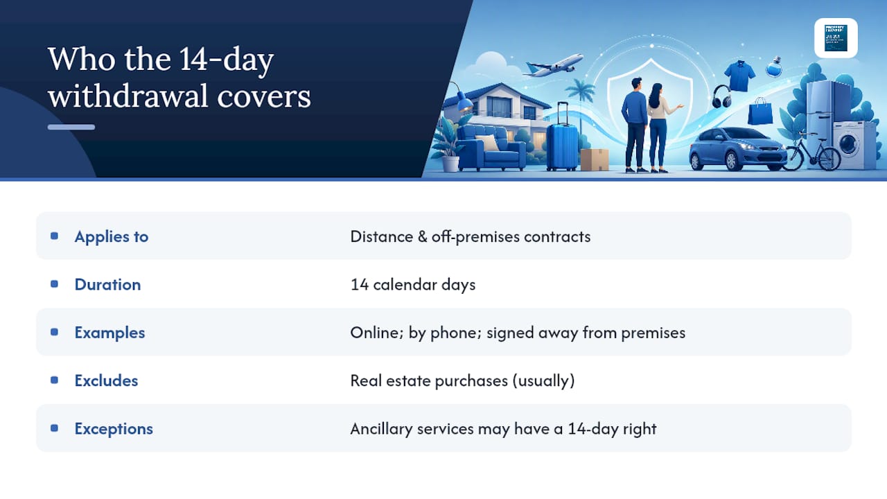 Does the 14-day consumer withdrawal right cover property purchases? — overview diagram