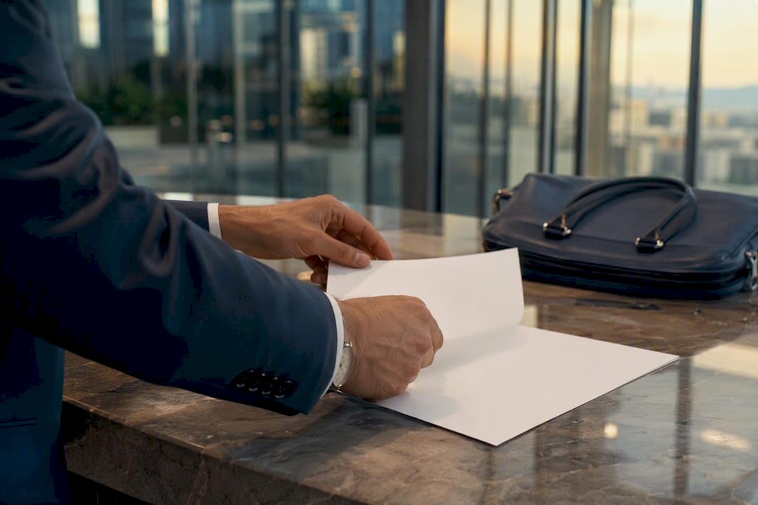 Lawyer's hands adjusting blank contract on desk