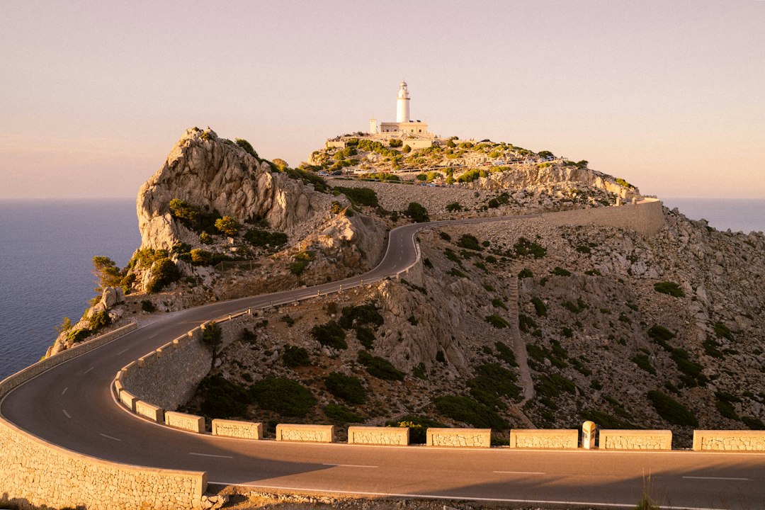 Winding coastal road at Cap de Formentor, Mallorca, at sunset